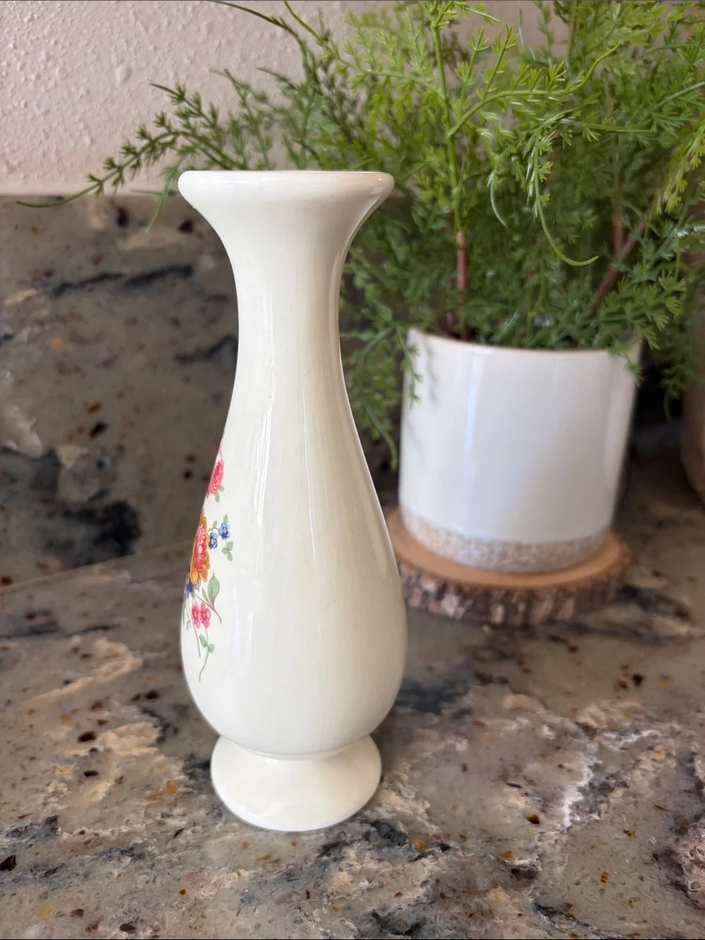Vintage Mid Century Cream Floral Glazed Ceramic Slender Neck Bud Vase, 6.5” high